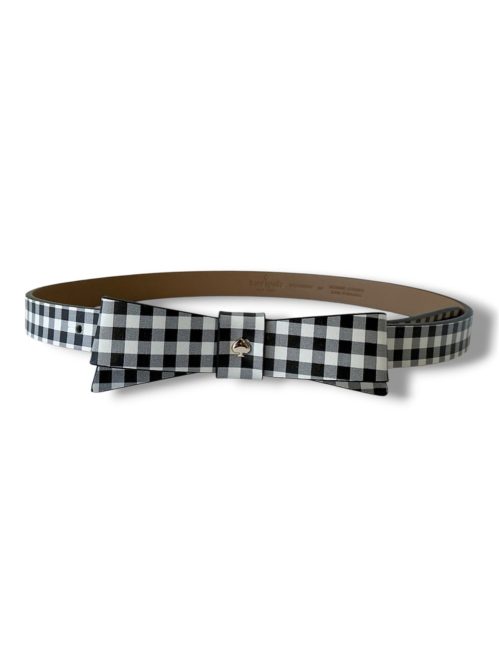 Kate Spade Gingham Print Leather Bow Belt in Black & White Size S